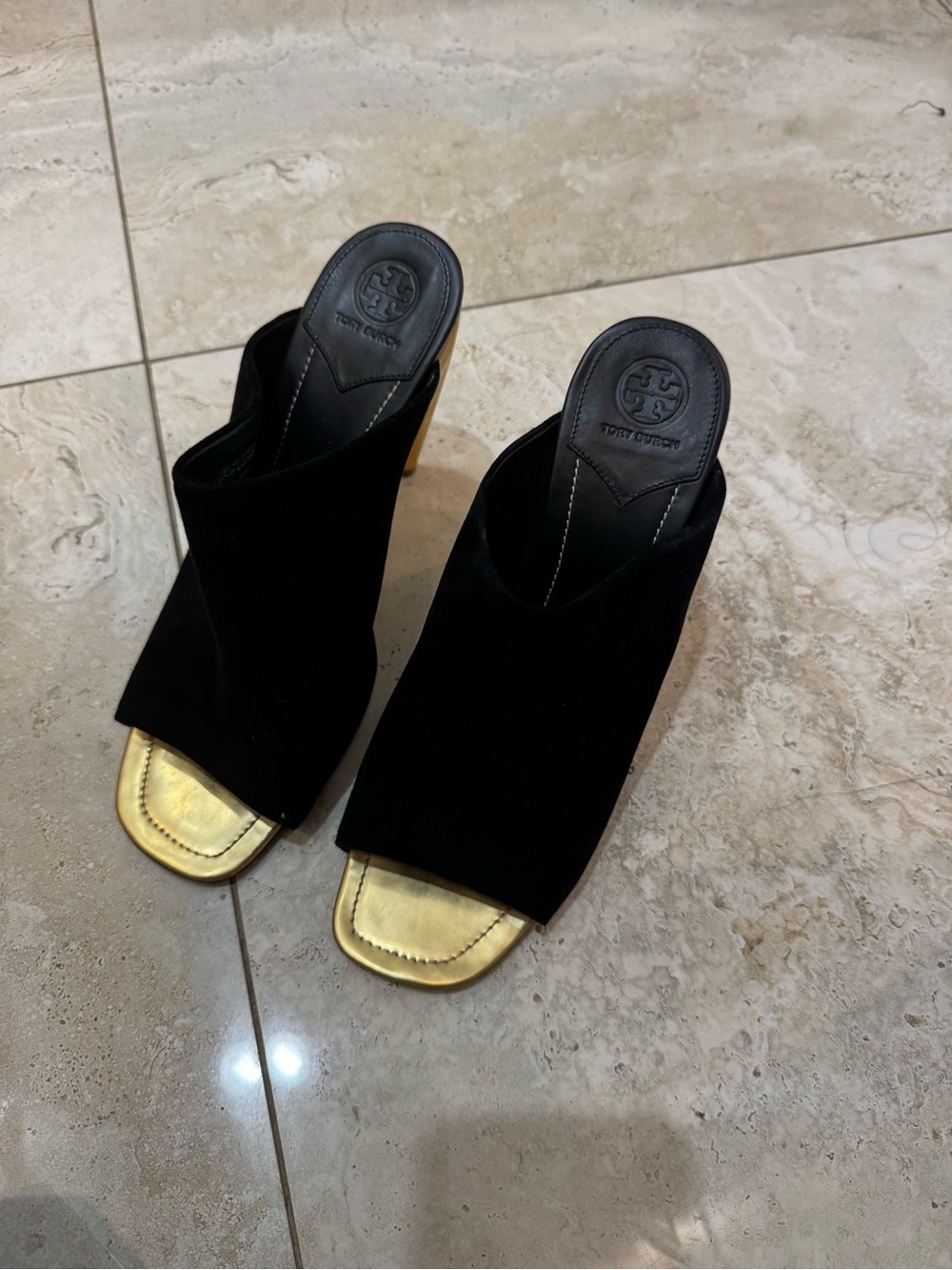 Tory Burch Black Suede Mules with Gold Heel - Picture 2 of 5